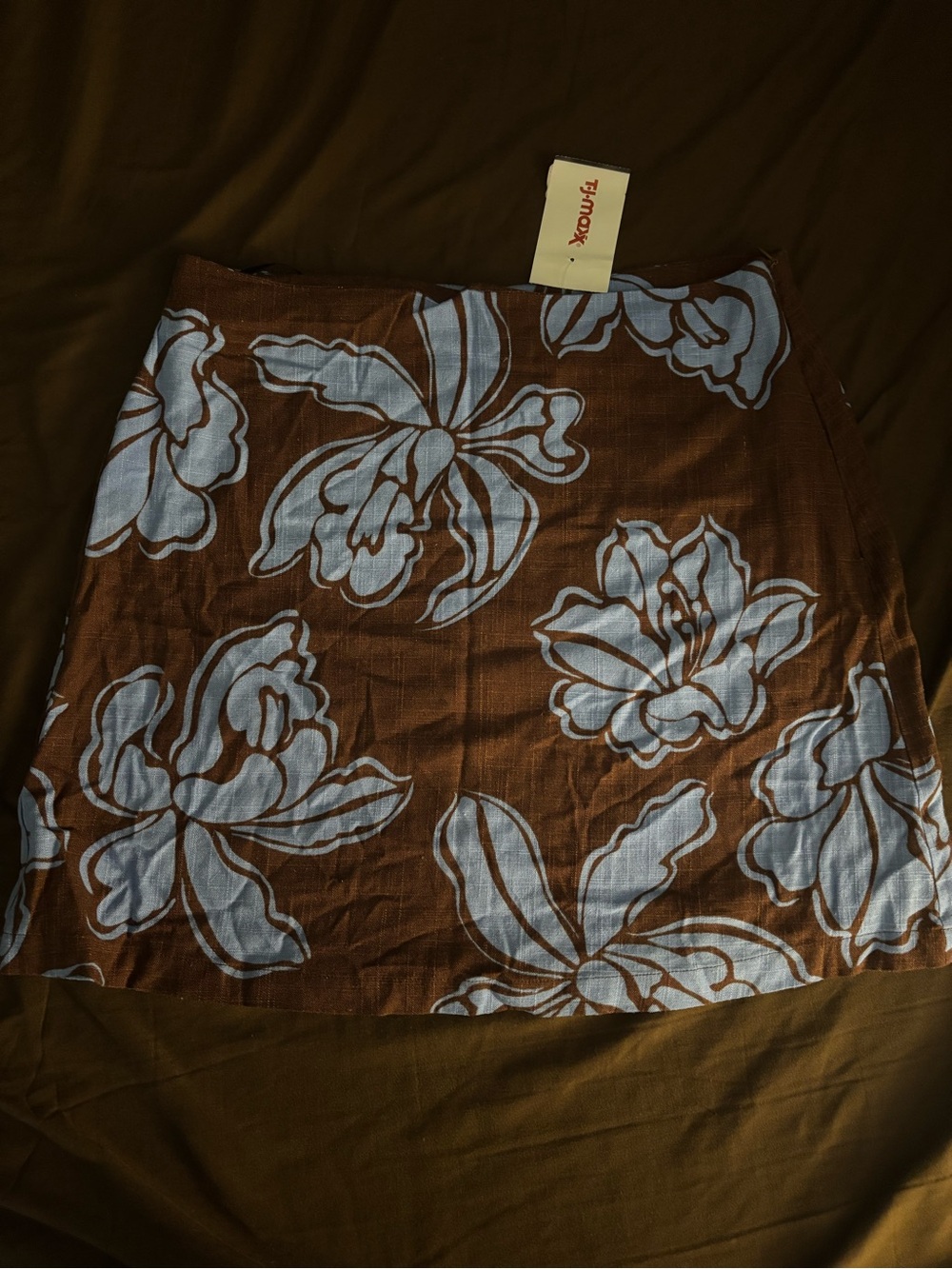 Brown Floral Mini Skirt with Light Blue Print